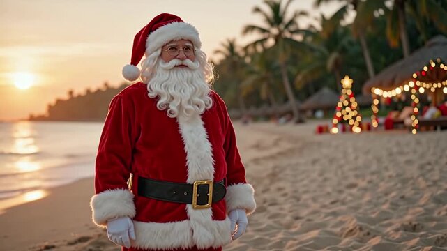 Santa Claus Relaxing on Tropical Beach at Sunset