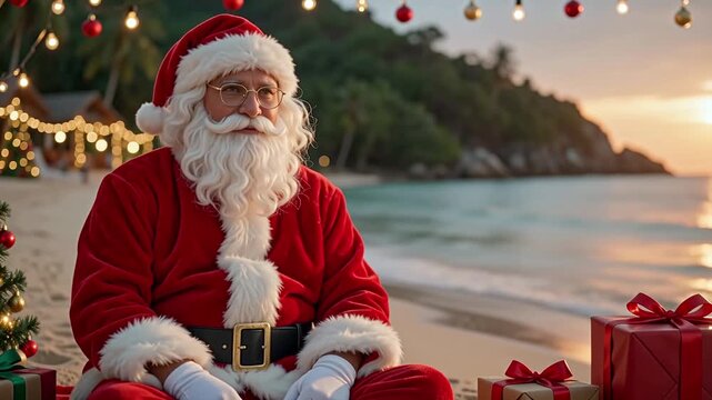 Santa Claus Walking on Sandy Beach at Warm Sunset
