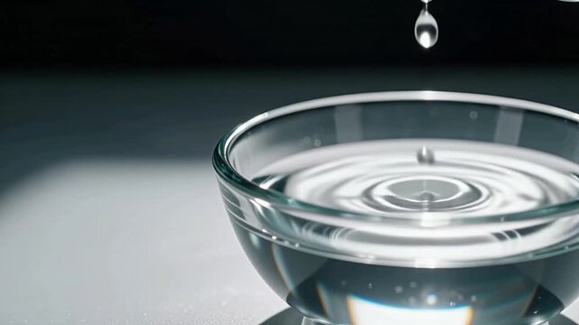 Water Drop Falling into Glass with Splash and Ripples
