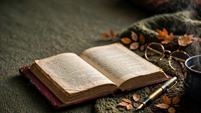 Open Book, Reading Glasses, and Autumn Leaves Still Life