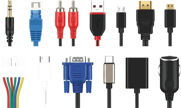 Computer Cable Connectors Collection and Audio Video Digital Port Hardware Plugs Vector Illustration Set