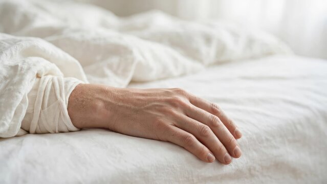 Peaceful hand resting on crisp white linens