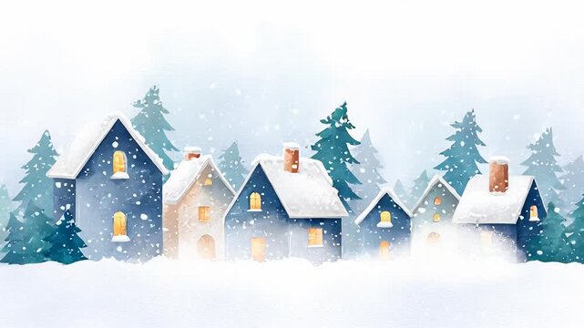 ?Snow falling on cozy village houses with lit windows and pine trees
