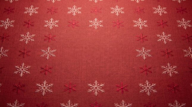Festive red textile background decorated with white and red snowflake patterns, featuring a subtle woven texture and central copy space for Christmas cards, wrapping designs, banners, and holiday prom