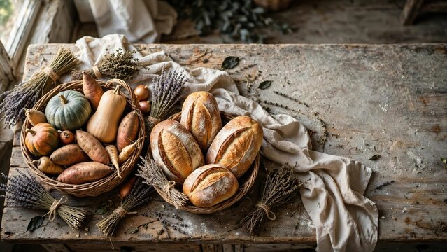 Rustic Bread Still Life on Weathered Wood and Linen