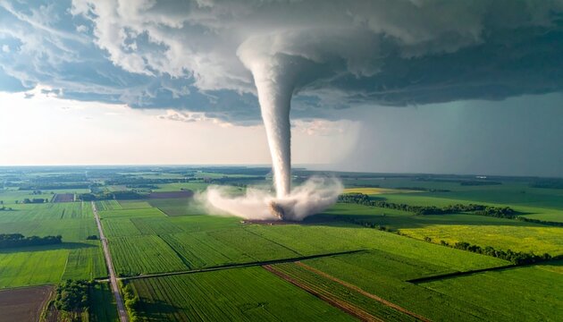 Aerial View of Large Tornado Funnel Over Green Farmland