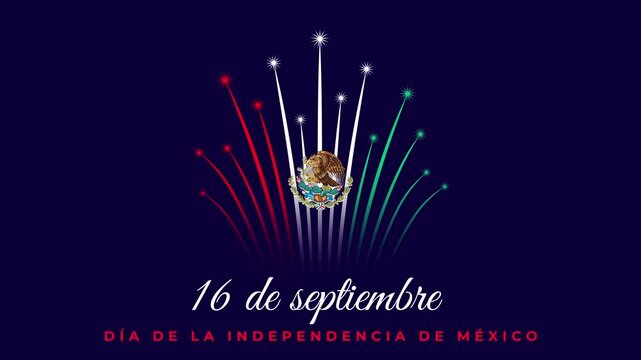 September 16 mexico independence day. Mexican colorful fireworks flag on abstract night sky. National holiday. Banner, 2D animation, seamless loop. Translation September 16th, Mexican Independence Day