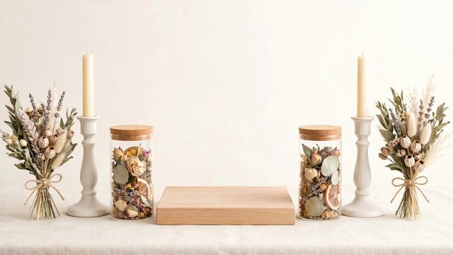 Rustic Dried Floral Arrangement with Herbs and Candles on Wood