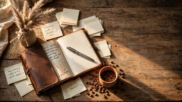 Rustic Flat Lay of Journal, Pen, and Coffee Beans for Writing