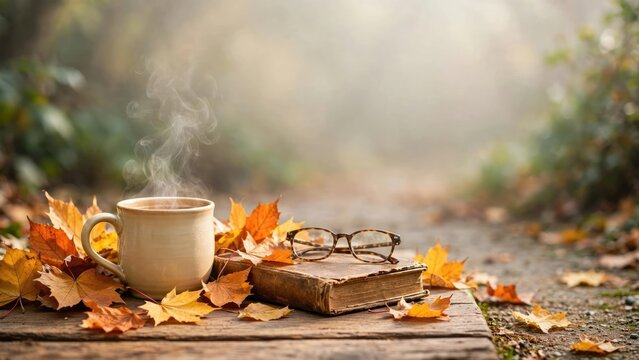 Steaming Coffee Mug and Book on Rustic Wooden Table