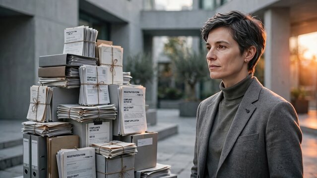 Thoughtful Businesswoman Reviewing Documents in Modern Urban Setting
