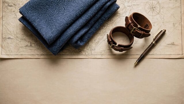 Vintage Compass and Pen on Antique Map with Blue Cloth