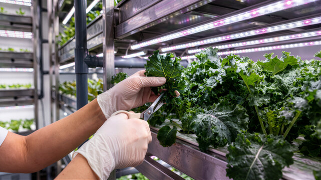 Focused Close-Up of Gloved Hands Meticulously Harvesting Kale in Advanced LED Vertical Farm