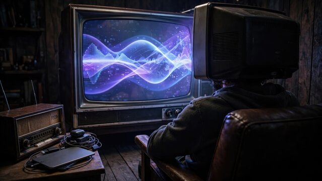 Vintage CRT TV Displaying Abstract Data Signal Waves