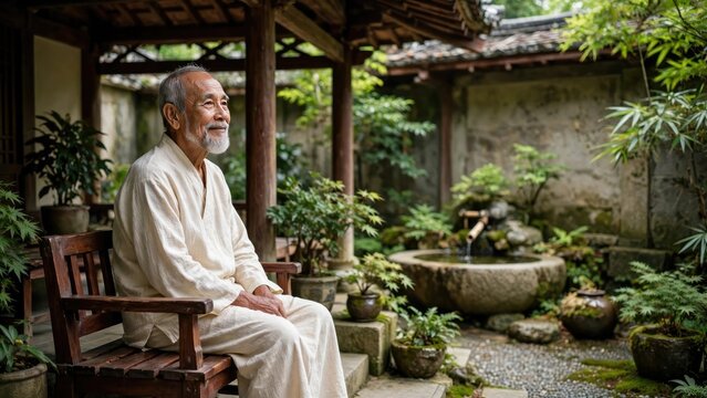 Wise Elderly Asian Man in Traditional Temple Garden
