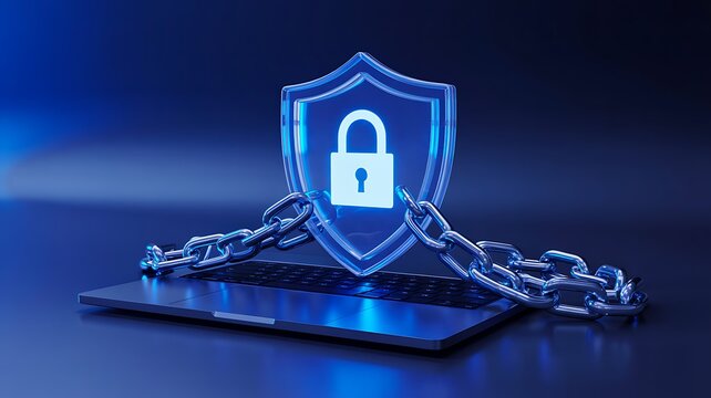 Cybersecurity protection with locked shield and chain securing laptop computer