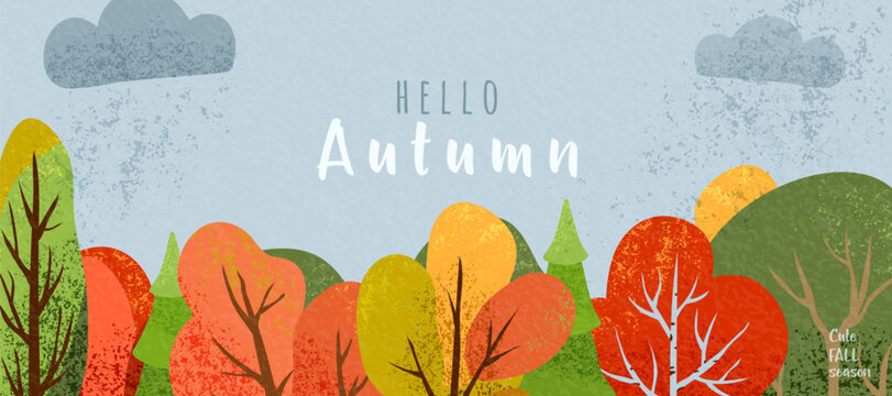 Autumn landscape background banner with colorful fall trees, clouds, rain. Seasonal vector illustration with Hello Autumn text, foliage, noise texture, ideal for web header, poster, card