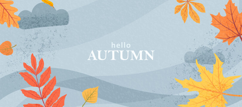 Autumn background banner with colorful falling leaves, clouds, rain, wind, Hello Autumn text. Seasonal vector illustration on blue wavy textured sky, ideal for web header, poster, card