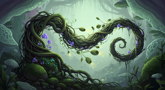 Enchanted forest vine creatures purple flowers fantasy magical art
