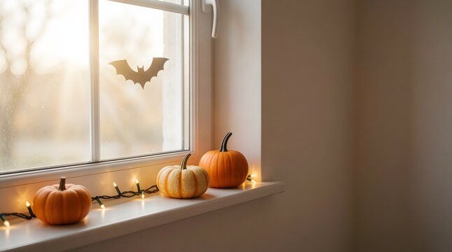 Warm Window Sill Decor with Mini Pumpkins and Autumn Leaves