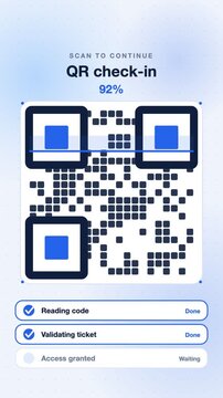 QR code scanning and validation animation, blue flat design vertical 9:16 seamless loop HD motion graphic background