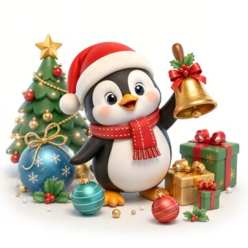 Cute 3D Christmas Penguin with Golden Bell Tree Gifts Ornaments and Red Scarf Festive Holiday Illustration