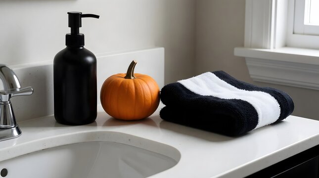 Minimalist Halloween Bathroom Counter with Pumpkin and Towels