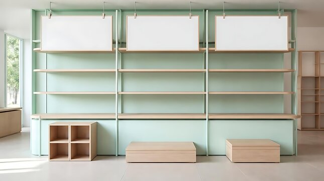 Modern minimalist interior design with empty shelves and wooden furniture.