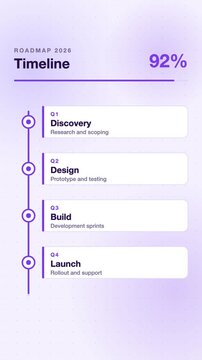 Project timeline roadmap milestones animation, violet flat design vertical 9:16 seamless loop HD motion graphic background