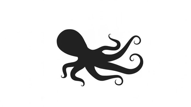 Black octopus silhouette with curled tentacles isolated on a plain white background