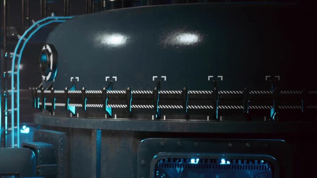 Large machinery fills the space in a factory. Pipes connect the equipment, and blue lights illuminate the scene. Workers may be present, but none are visible in this view.