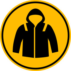 Mandatory ppe hooded parka jacket warning sign icon with yellow background © Moshiur