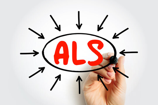 ALS acronym for amyotrophic lateral sclerosis handwritten on surface with hand and marker. Medical condition, disease awareness and neurodegenerative health research
