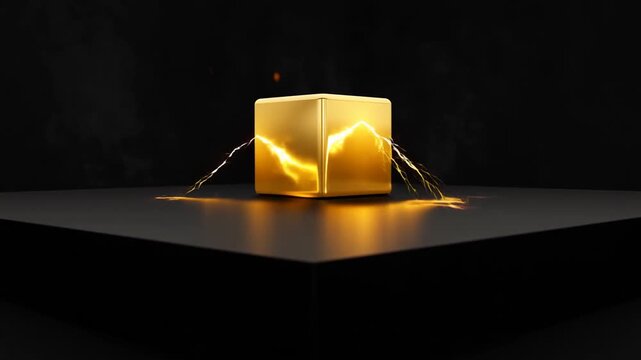 Gold cube emits branching lightning arcs on a dark platform amid sparks and smoke