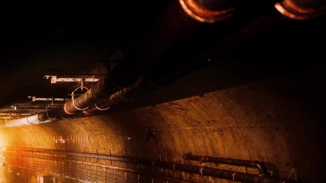 Bright light enters a dark tunnel showing metal pipes and rough walls. The scene captures details of the underground environment at dusk.