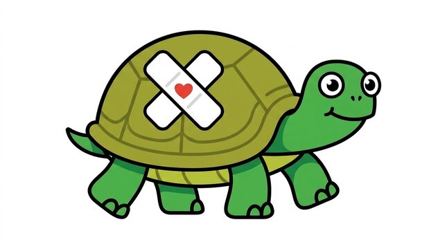 Cute turtle bandage mascot walking for slow medical recovery