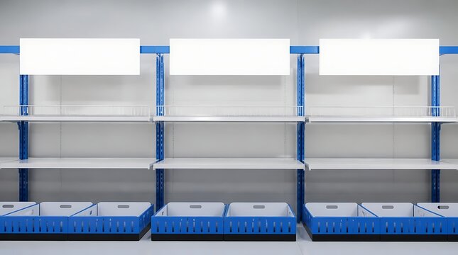 Empty retail store shelves with blank signs for product placement 1.