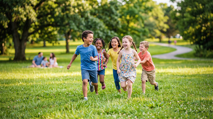 Fototapeta premium Children sprint across sunlit grass in joyful motion. They laugh, arms raised, hearts beating with pure delight. Trees stretch tall, casting dappled shadows in the bright light