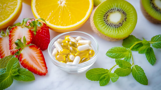 Fresh fruit surrounds a bowl of colorful supplements. Bright orange, strawberries, and kiwi add vibrant contrast. Green mint leaves frame the composition naturally