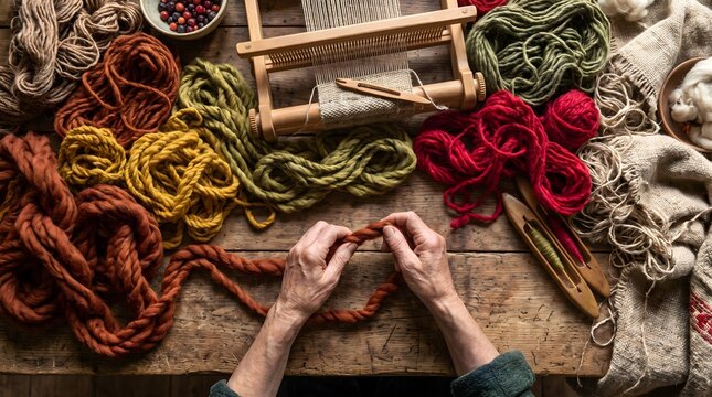 Elderly hands weaving tangled raw colorful wool textiles
