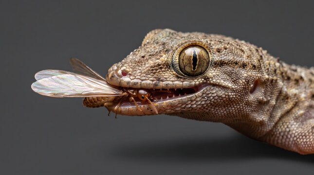 House Gecko Catching Winged Termite, Extreme Macro Predator Feeding Wildlife Photography