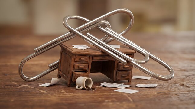 Giant tangled silver paperclips crushing a tiny office desk