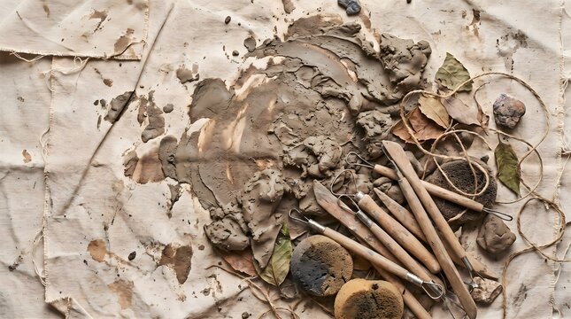 Spilled wet pottery clay with messy wooden sculpting tools