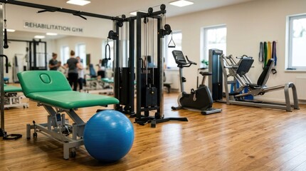 Obraz premium Modern gym interior with fitness equipment and blurred people