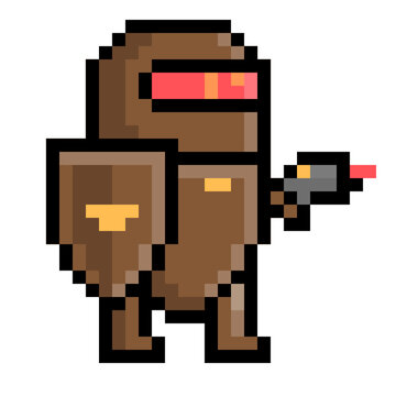 8-Bit Style Pixel Art Armored Robot Character with Shield and gun or laser