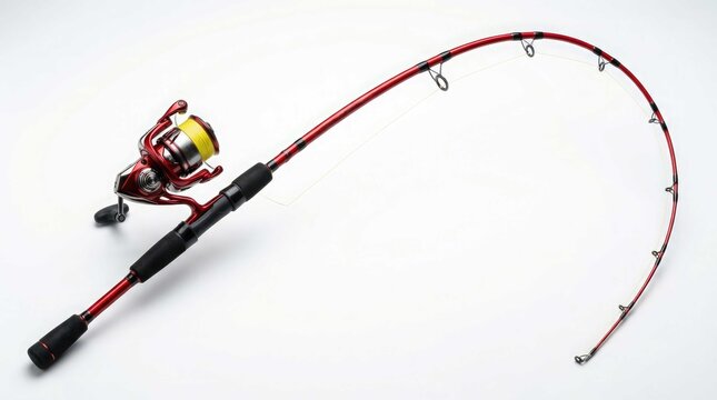 Red spinning fishing rod and reel on white background