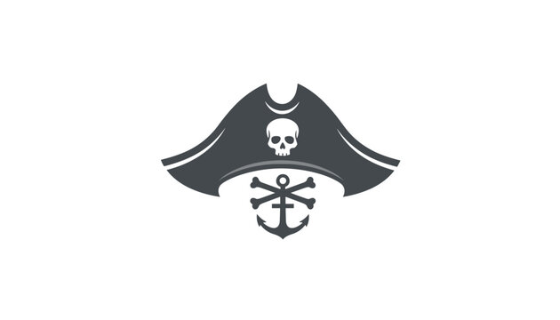 Pirate captain hat logo with skull and crossed bones superimposed on a ship anchor graphic on a white background.