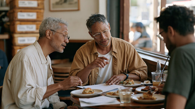 Intergenerational digital forensics pair eating a quiet countryside restaurant lunch, a stack of labeled crates visible near their corner table, discussing a complex case while