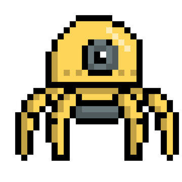Simple Yellow Cyborg Spider with eye camera Insect Pixel Art Symbol Isolated