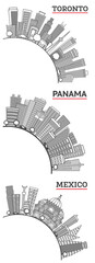 Obraz premium Outline Panama, Mexico and Toronto Canada City Skyline set with Modern Buildings and copy space Isolated on White.